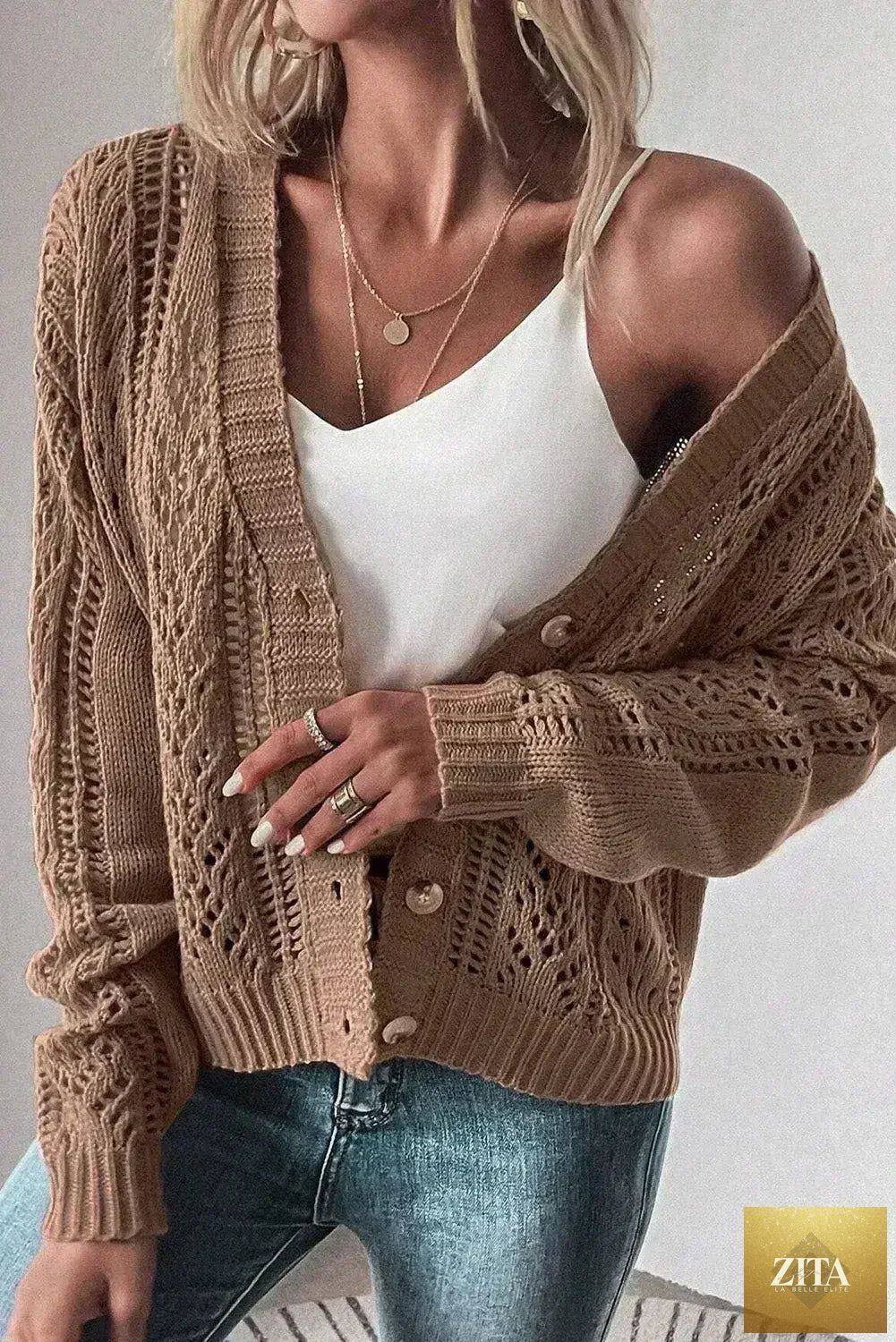 Dark khaki open-knit cardigan sweater with drop shoulder, cotton-acrylic blend, by Femstylo, featuring a relaxed fit and cozy texture.