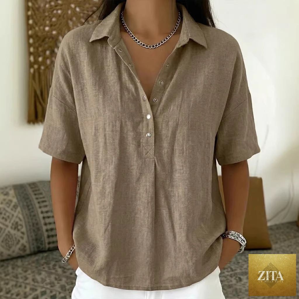 Zita La Belle Elite women's short sleeve button pullover shirt in solid color, casual top with collar and front buttons.