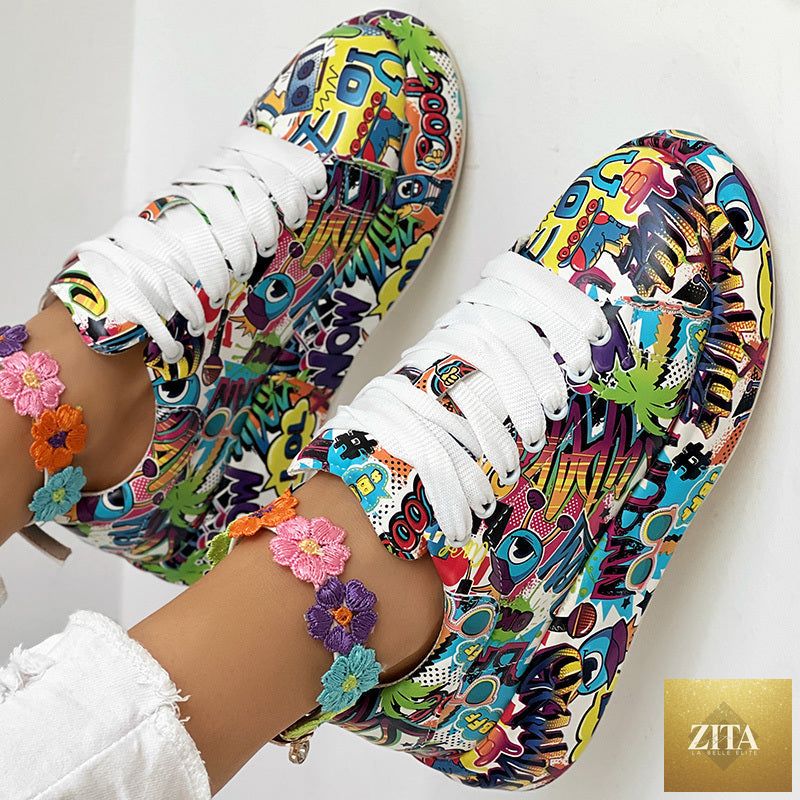 Women’s FitiqueFit round-toe thick-sole lace-up sneakers with casual printed design, showcasing comfort and style.