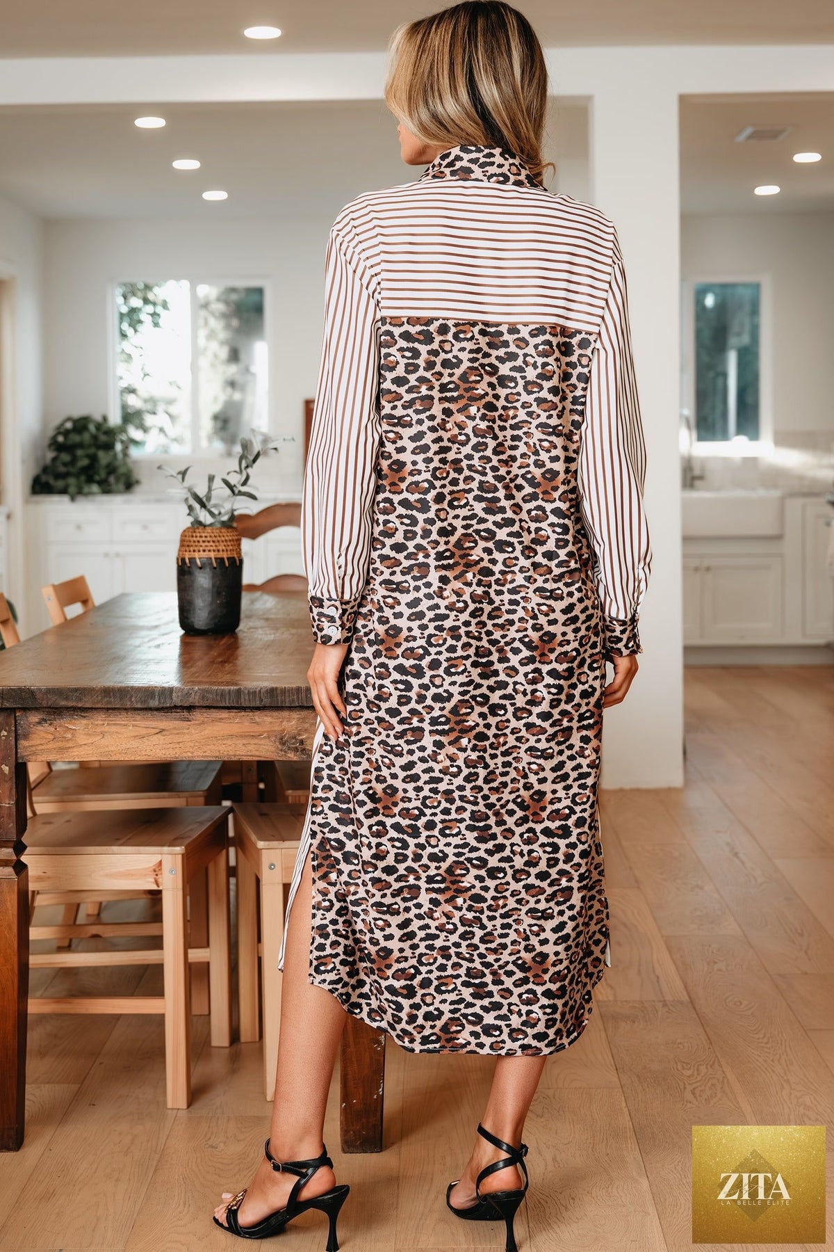 Sky blue stripe contrast leopard patchwork long shirt dress with slits, featuring a stylish maxi dress design from Wild and Free Boutique.