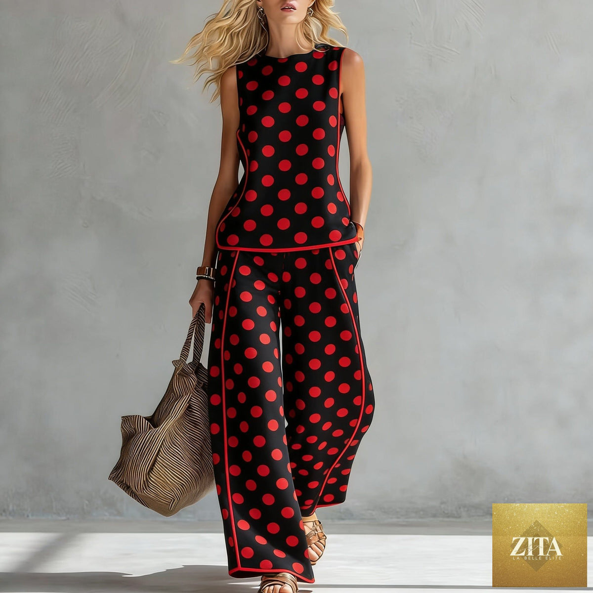 Zita La Belle Elite women's sleeveless printed tank top and wide-leg pants two-piece casualwear set, front view.