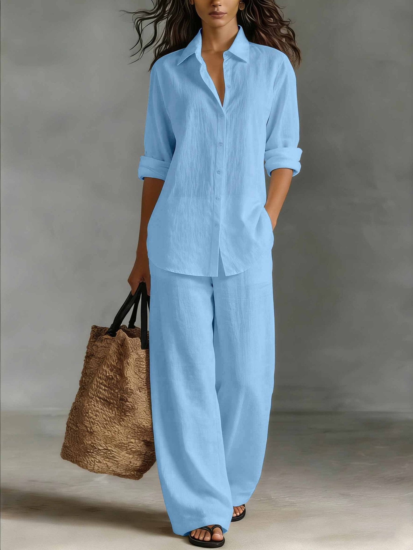Women’s bohemian cotton-linen top and pants set from FitiqueFit, casual resort lounge co-ord with relaxed fit and natural fabric.