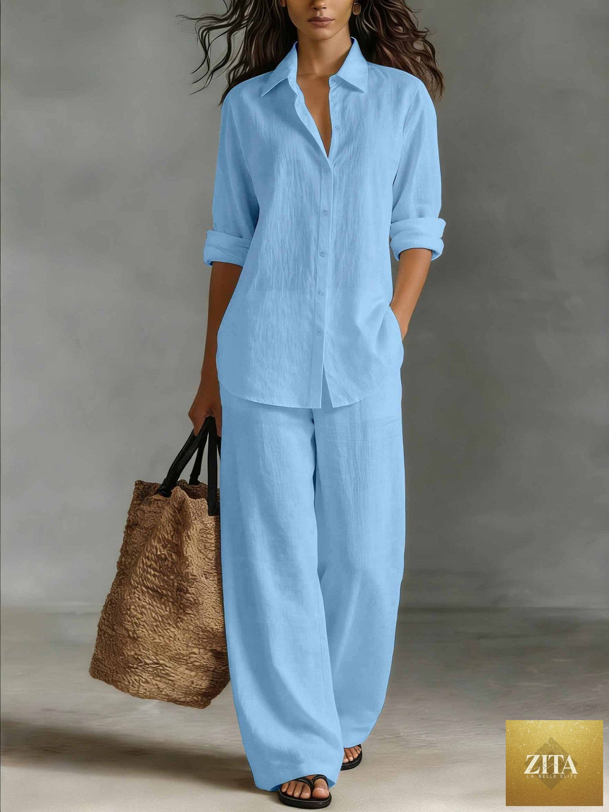 Zita La Belle Elite women's bohemian cotton-linen casualwear top and pants set, relaxed resort lounge co-ord in natural fabric.