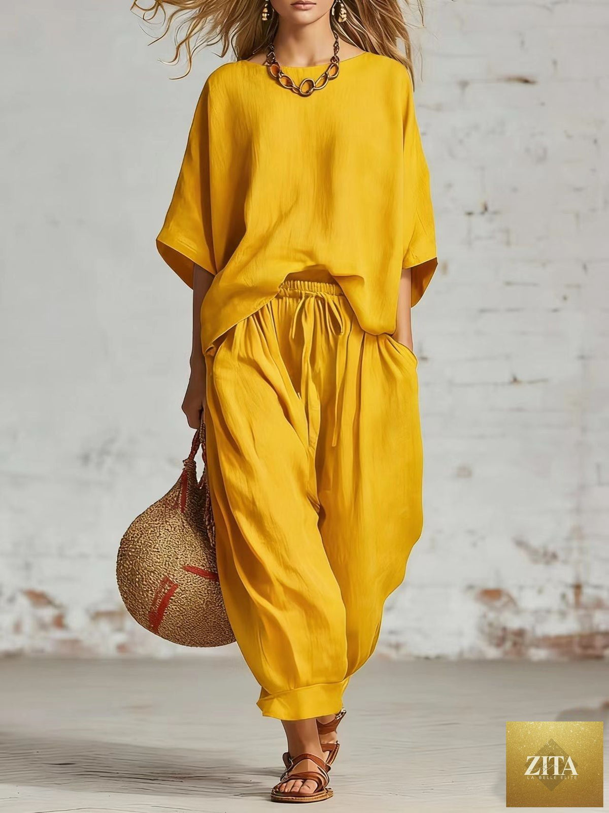 Zita La Belle Elite women's solid color casual set with loose t-shirt and ankle pants, perfect for comfortable everyday wear.
