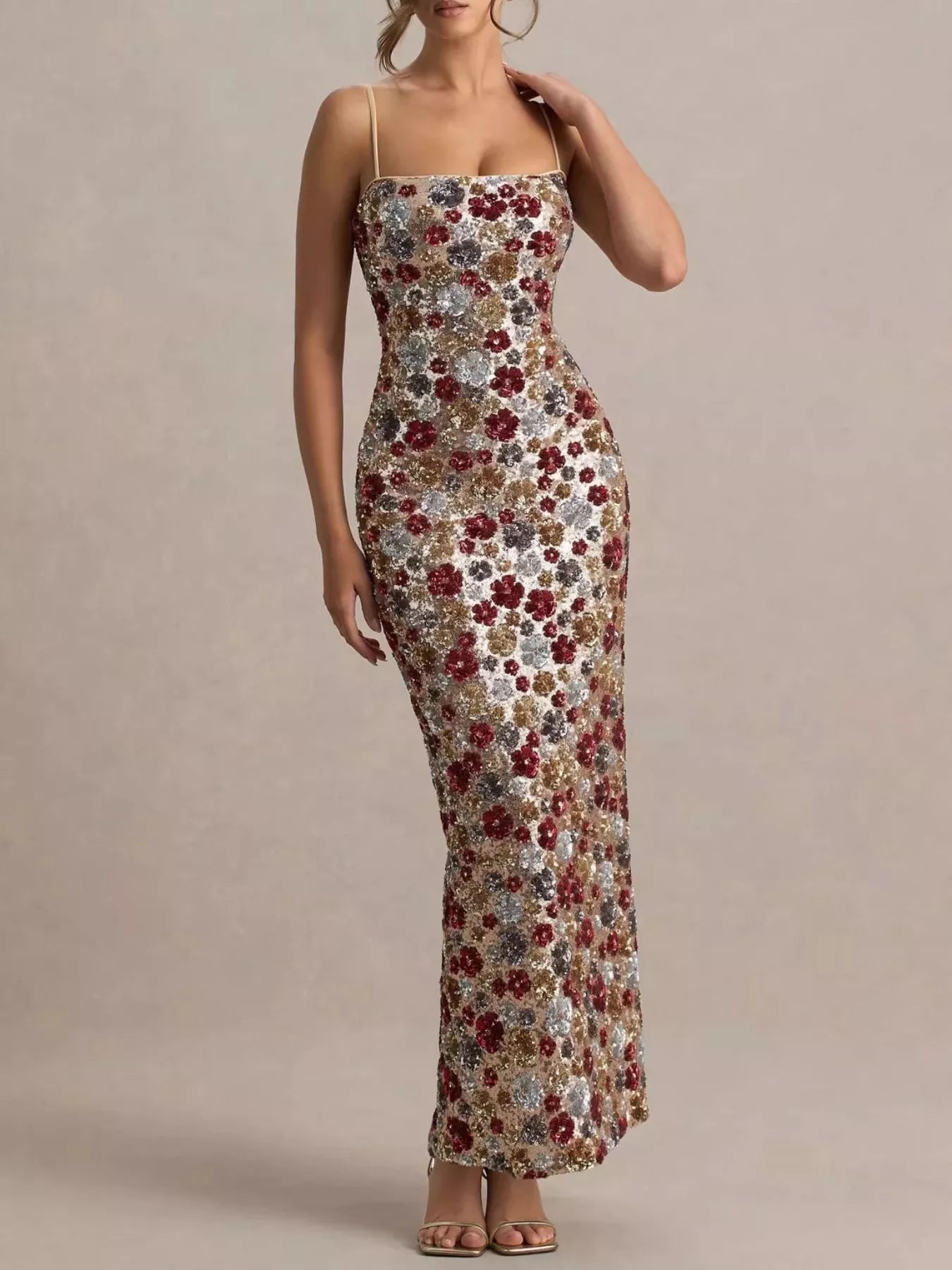 Floral sequin slit bodycon maxi dress by Shopiebay, featuring a fitted silhouette, floral pattern, and elegant slit detail.