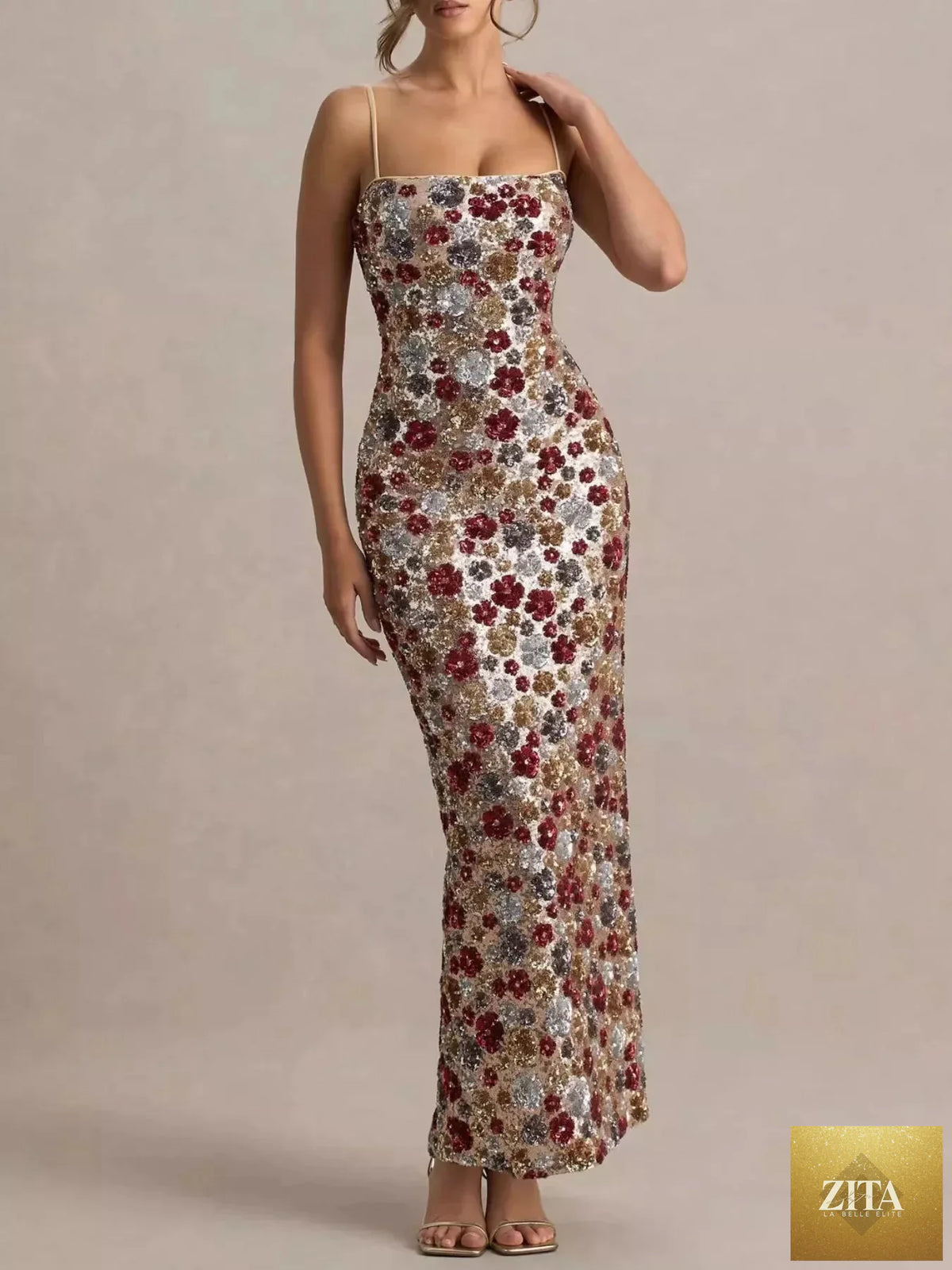 Floral sequin slit bodycon maxi dress by Shopiebay, featuring a fitted silhouette, floral pattern, and elegant slit detail.