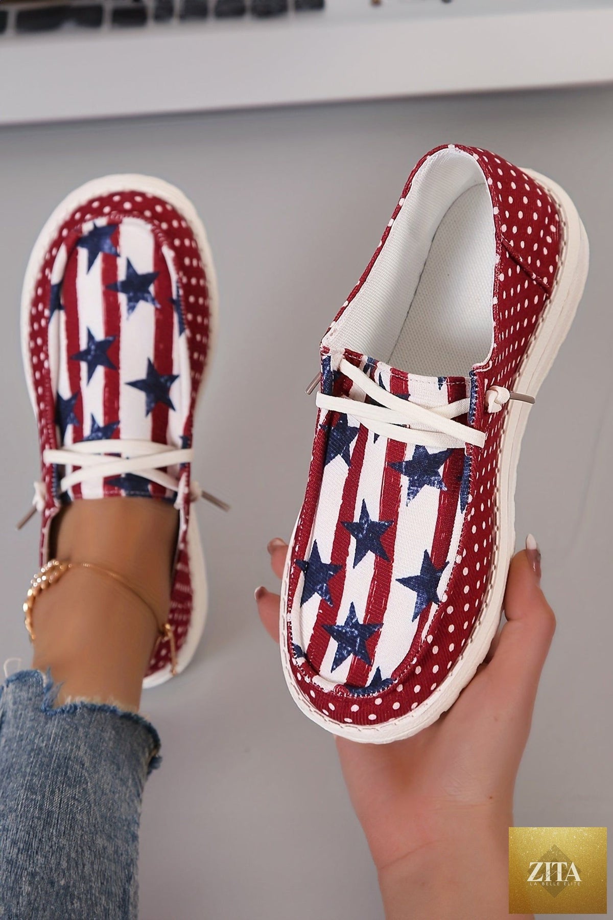 Women's casual shoes with racing red polka dots, stars, and stripes design from Wild and Free Boutique.