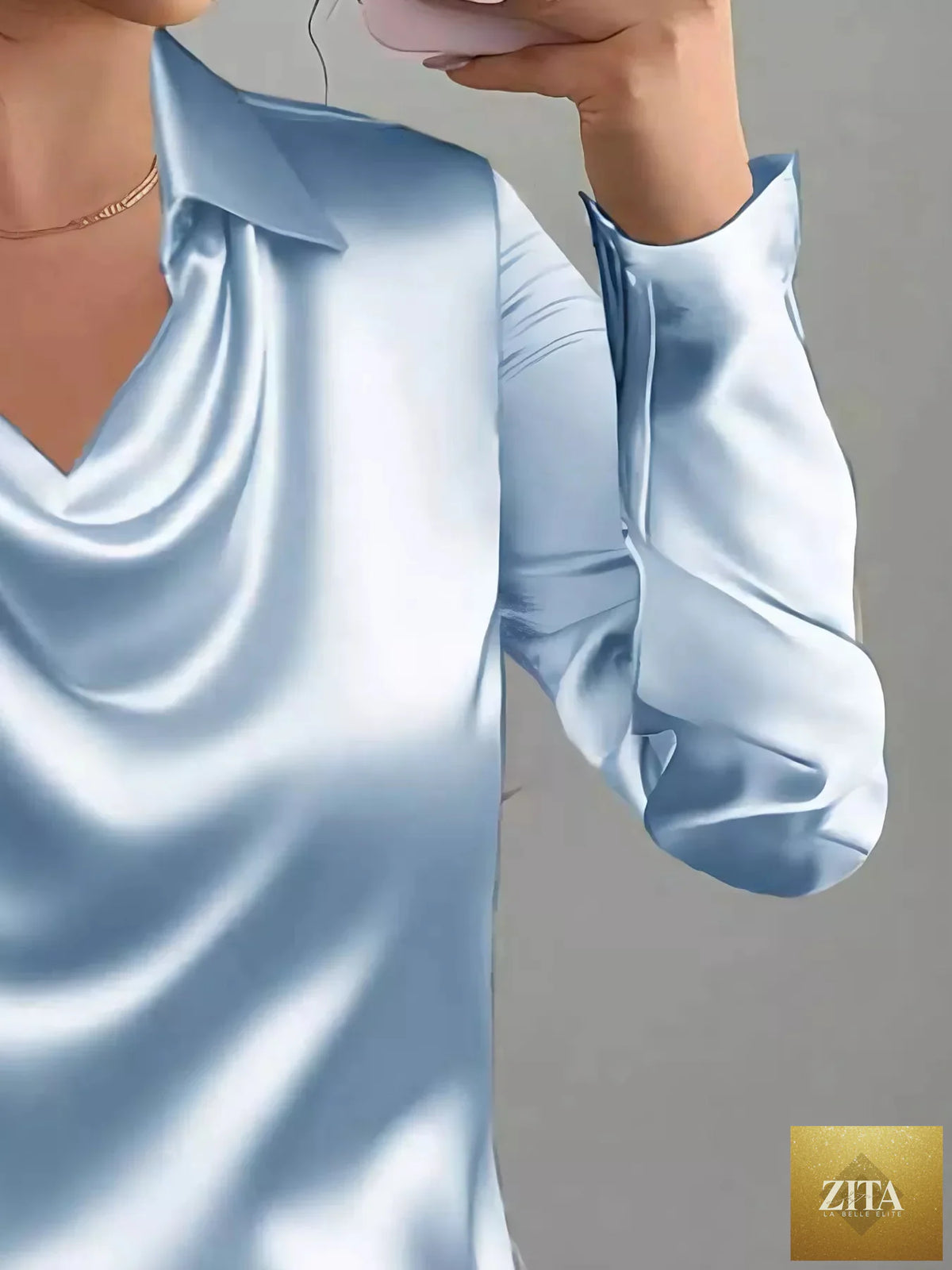 Zita La Belle Elite satin long sleeve blouse with a classic collar, shown in a smooth, shiny satin fabric.