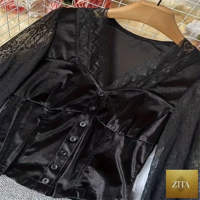 Women's velvet and lace trim V-neck long sleeve blouse by FitiqueFit, casualwear top with elegant lace detailing and soft velvet fabric.