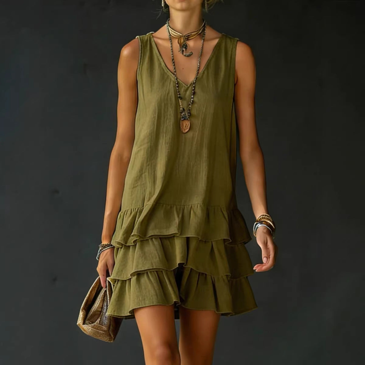 FitiqueFit V-neck sleeveless midi dress in five colors, casualwear for women, size S to 2XL, shown on a model.