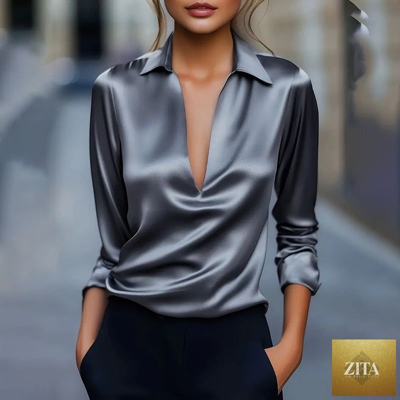 Elegant women's V-neck long sleeve blouse with satin sheen from FitiqueFit, featuring a formal shirt style for casual or dressy wear.