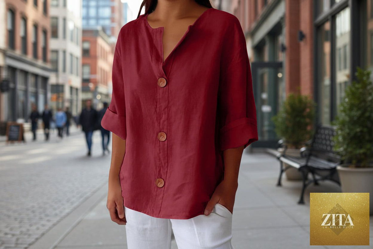 Women's V-neck cotton linen buttoned blouse by FitiqueFit, casualwear, shown in a light-colored, relaxed fit with button details.