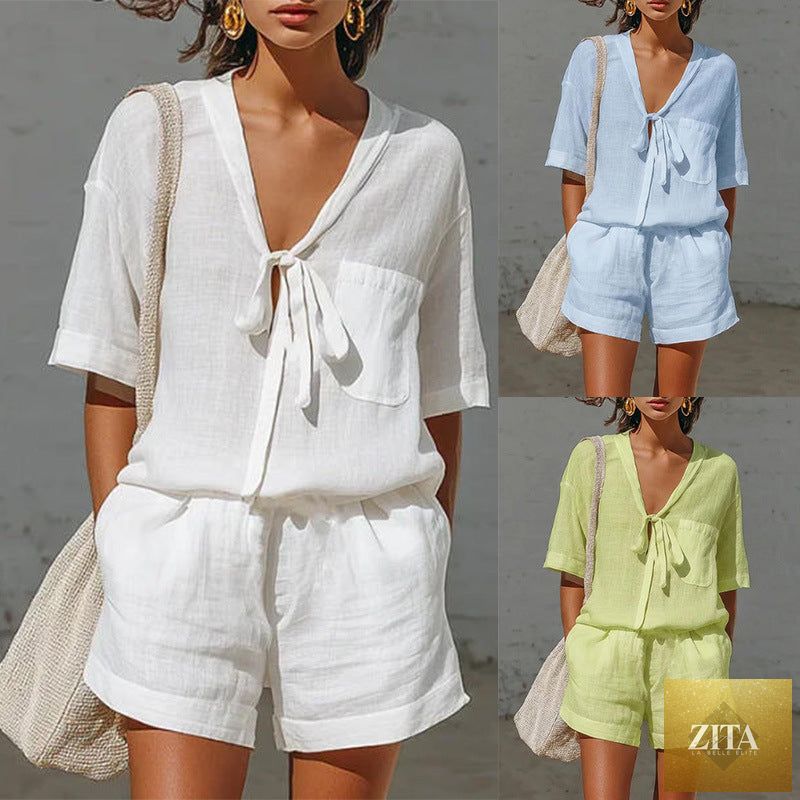 Zita La Belle Elite women's lace-up short-sleeve shirt and loose shorts summer set, casual and stylish for warm weather.
