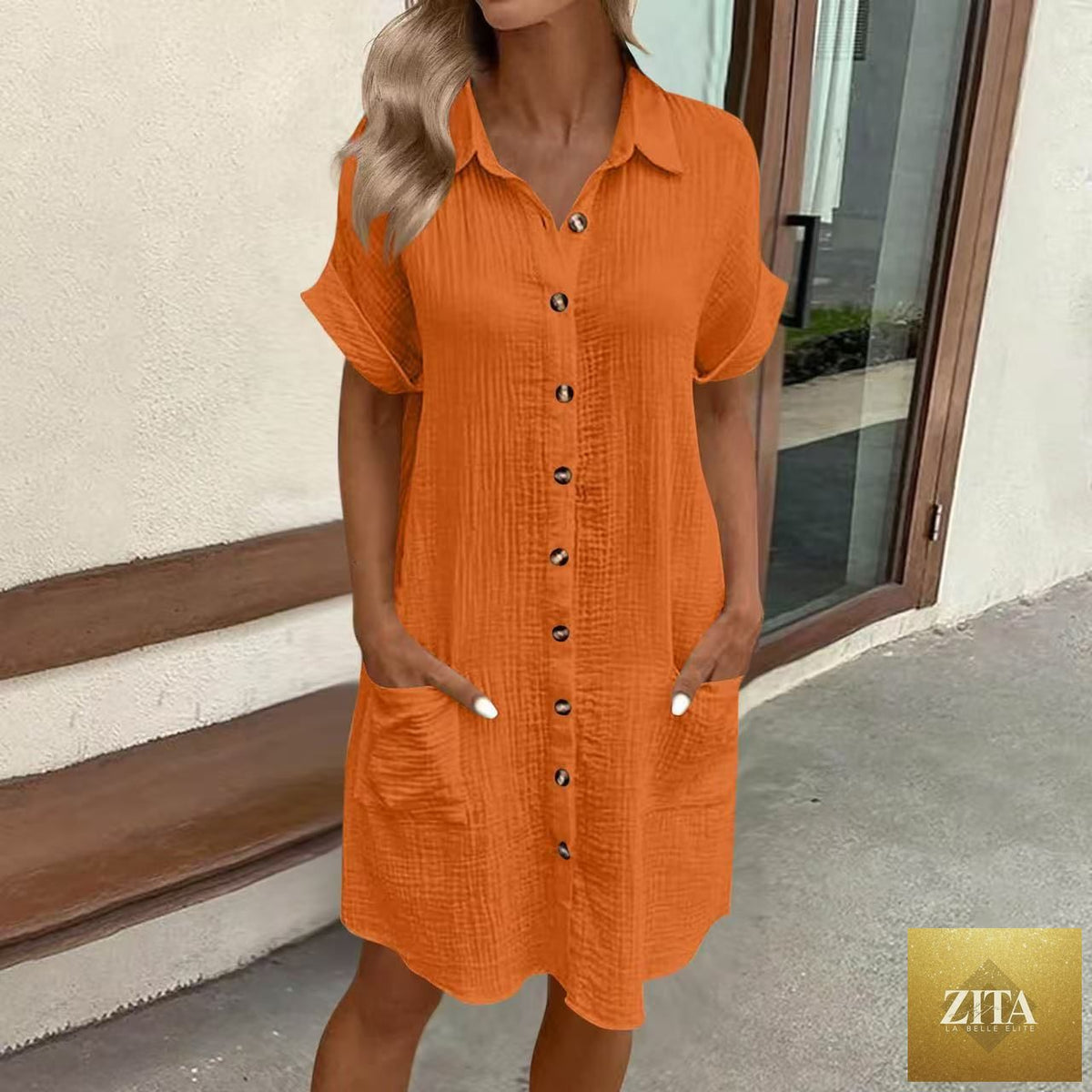 Zita La Belle Elite women's casual loose short-sleeve midi shirt dress with button-down front, lightweight and comfortable for everyday wear.