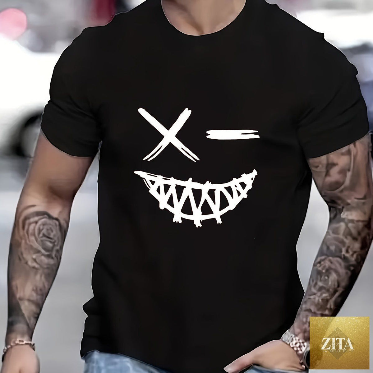 Men's FitiqueFit evil smile face polo T-shirt for summer streetwear, featuring a trendy graphic design on a casual tee.
