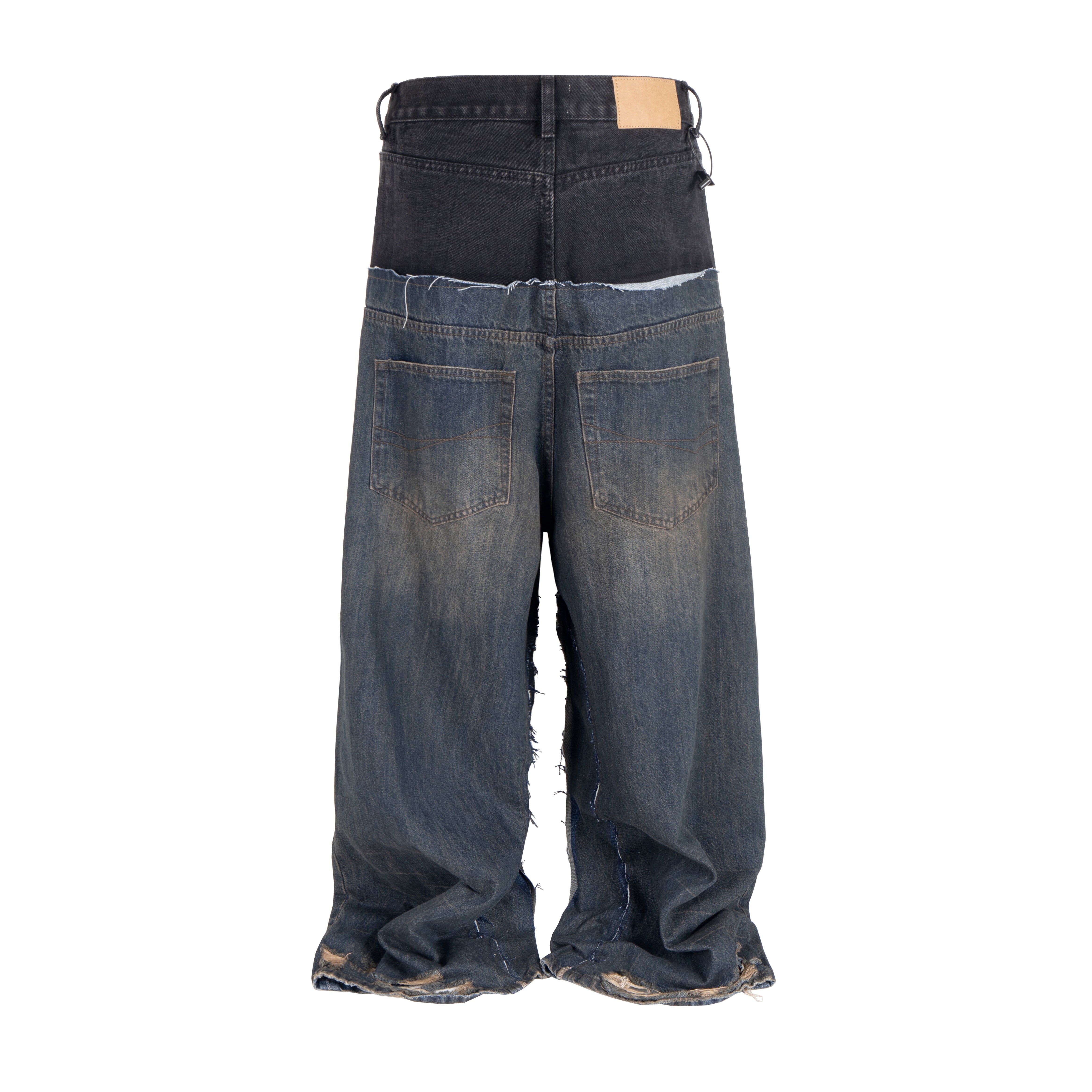 Undeveloped WideBoy Midnight double denim jeans showing a close-up of dark denim fabric and double-stitched seams.