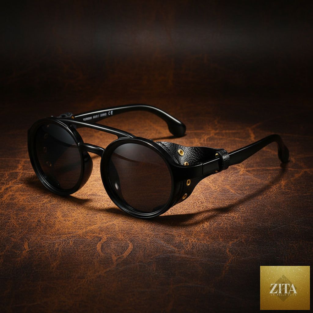 Retro round leather frame sunglasses by FitiqueFit, vintage eyewear with classic leather accents and tinted lenses.
