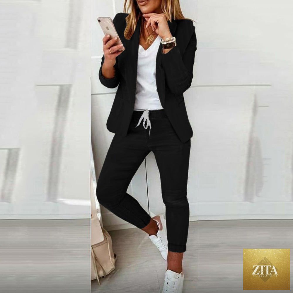 FitiqueFit lapel blazer and drawstring trousers two-piece OL suit in various colors, styled on a model.