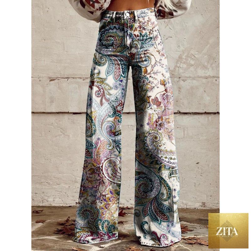 Women's printed flare pants by Zita La Belle Elite, mid-waist, full-length plus size casualwear with vibrant floral pattern.