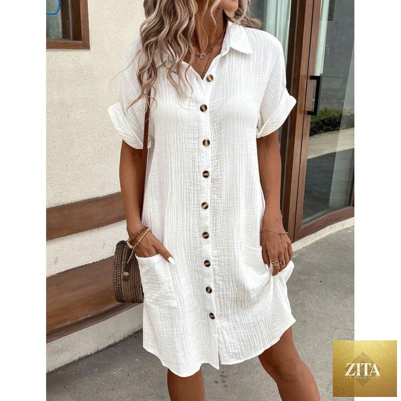 Women's cotton linen V-neck button-front A-line shirt dress by Zita La Belle Elite, shown in a casual, flowing fit.