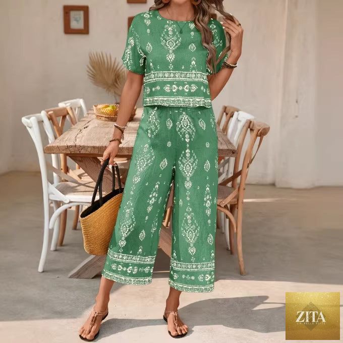 Zita La Belle Elite women's ethnic print contrast two-piece casualwear set with a top and straight-leg pants.