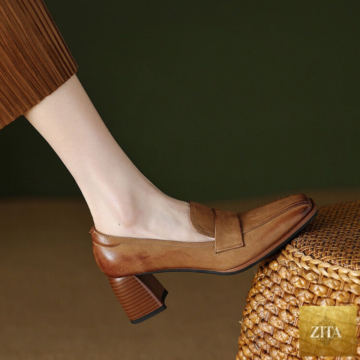 Women's sheepskin square toe chunky heel pumps by FitiqueFit, featuring retro high heel dress shoes in soft, textured material.