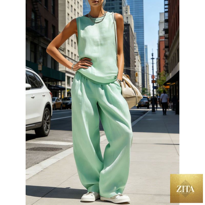 Zita La Belle Elite women's sleeveless cardigan top and matching pants two-piece casualwear set, light and stylish.