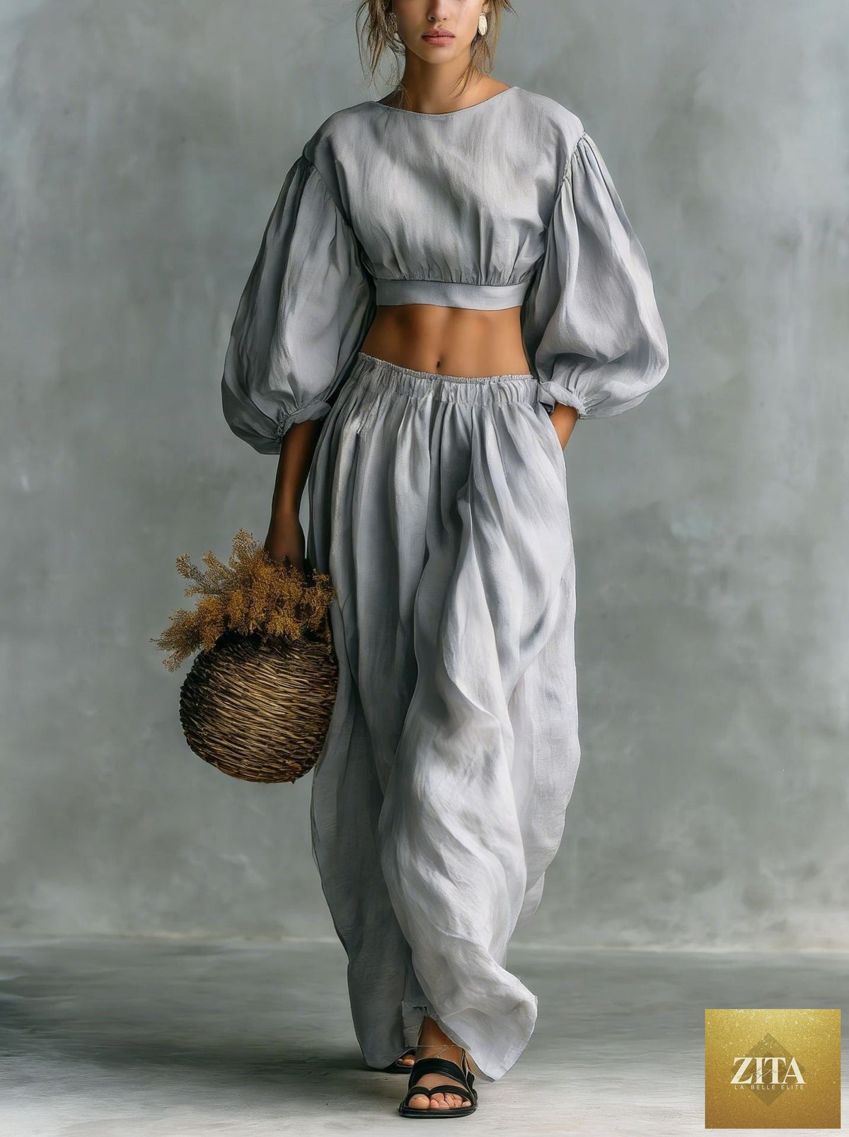 Women's puff-sleeve crew-neck two-piece casualwear set with pockets by Zita La Belle Elite, shown in a stylish, comfortable design.