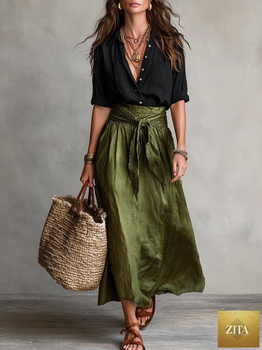 FitiqueFit button-down shirt and straight skirt two-piece set displayed on a hanger, featuring a classic collar and tailored fit.