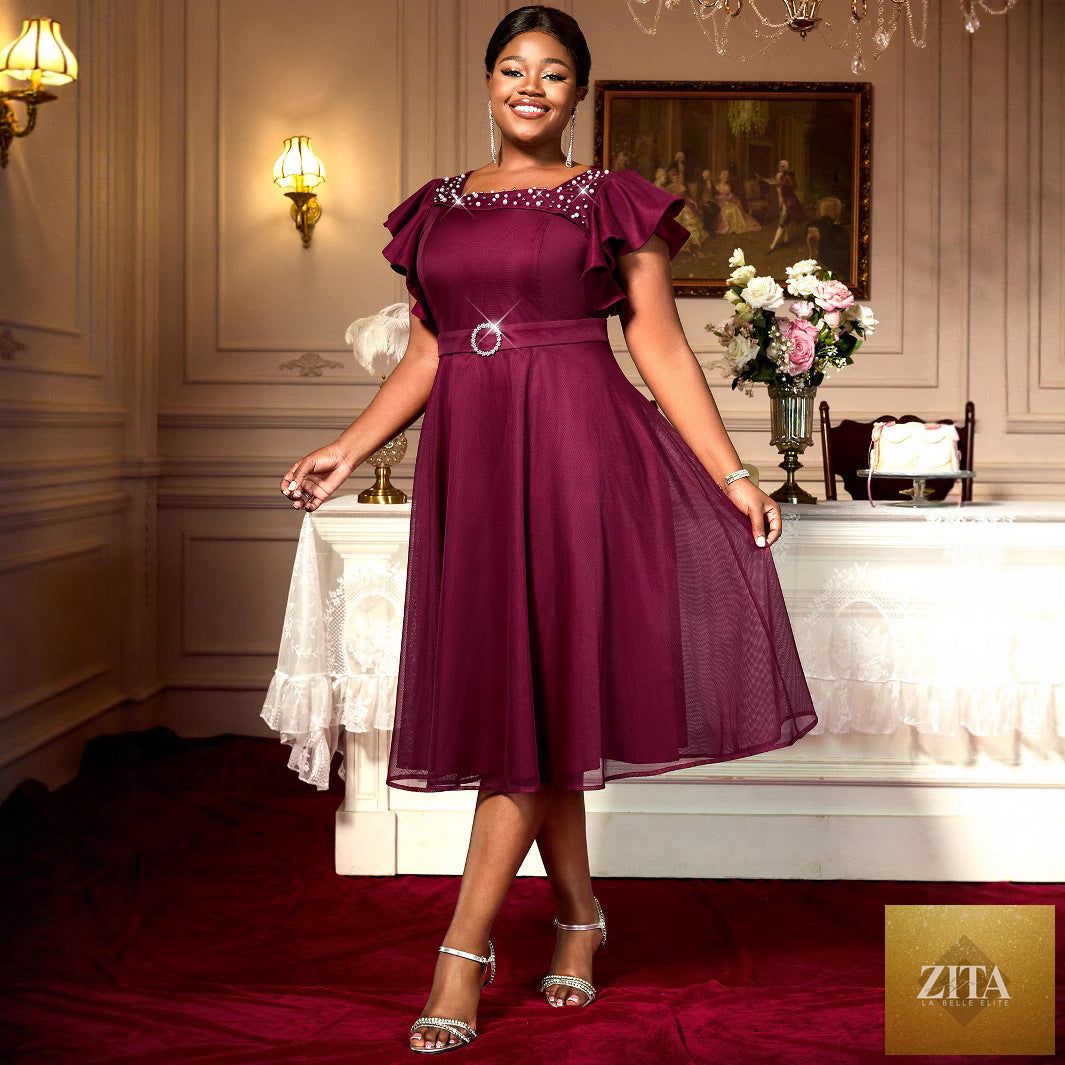 Elegant women's summer dress with mesh fabric, butterfly sleeves, and ruffles, perfect for party or wedding guest attire.
