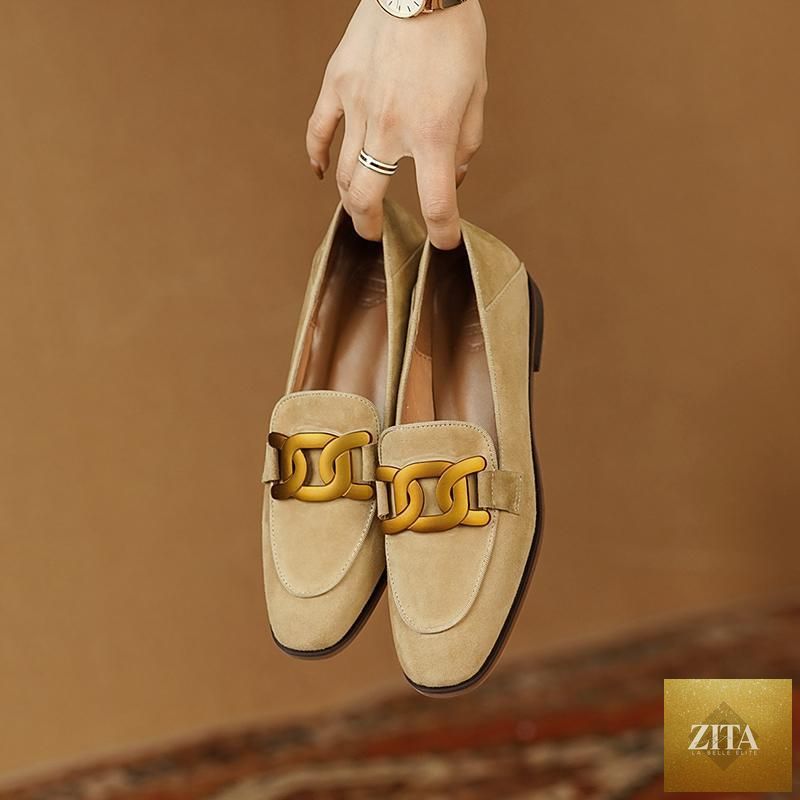 Women's retro suede loafers with metal buckle, chunky platform heel, slip-on design by FitiqueFit, stylish and comfortable footwear.