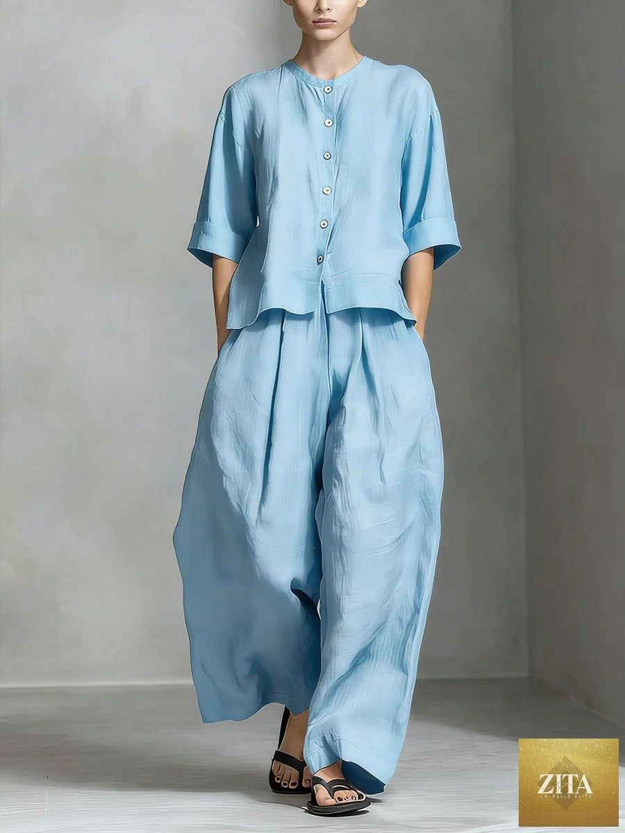 FitiqueFit three-quarter sleeve shirt and loose trousers two-piece set displayed on model, casual fashion look.