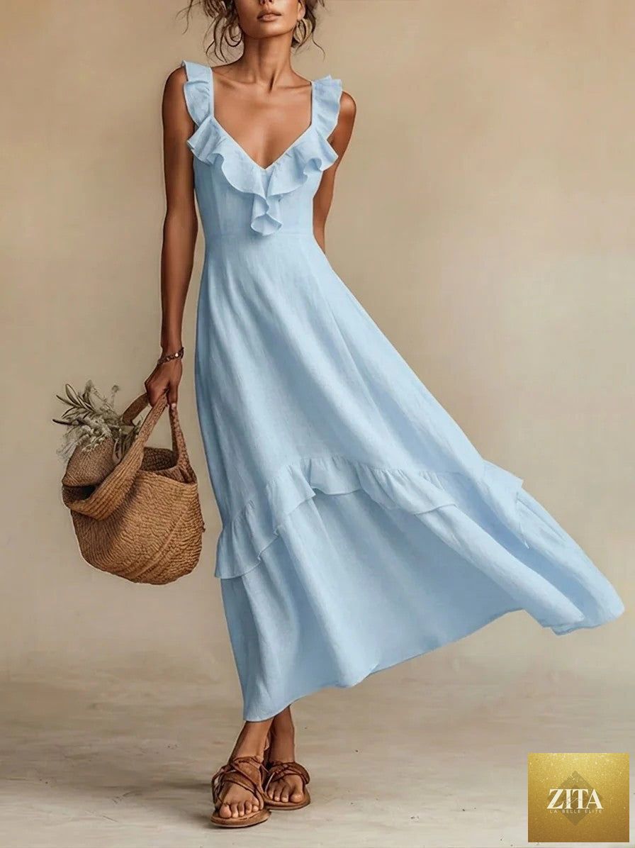 FitiqueFit sleeveless ruffle high-waist maxi dress in multiple colors, casualwear, with flowing fabric and ruffle details.