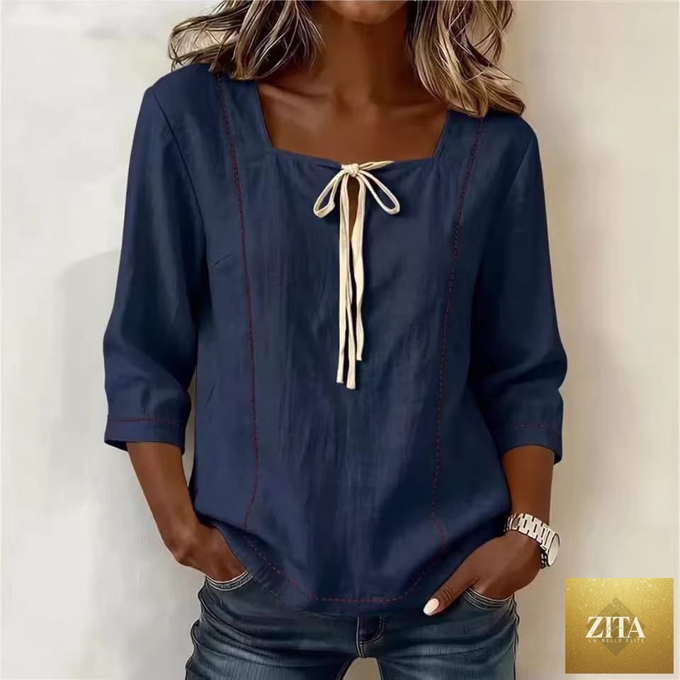 Printed lace-up square-neck casual shirt with three-quarter sleeves made of ramie by Zita La Belle Elite.