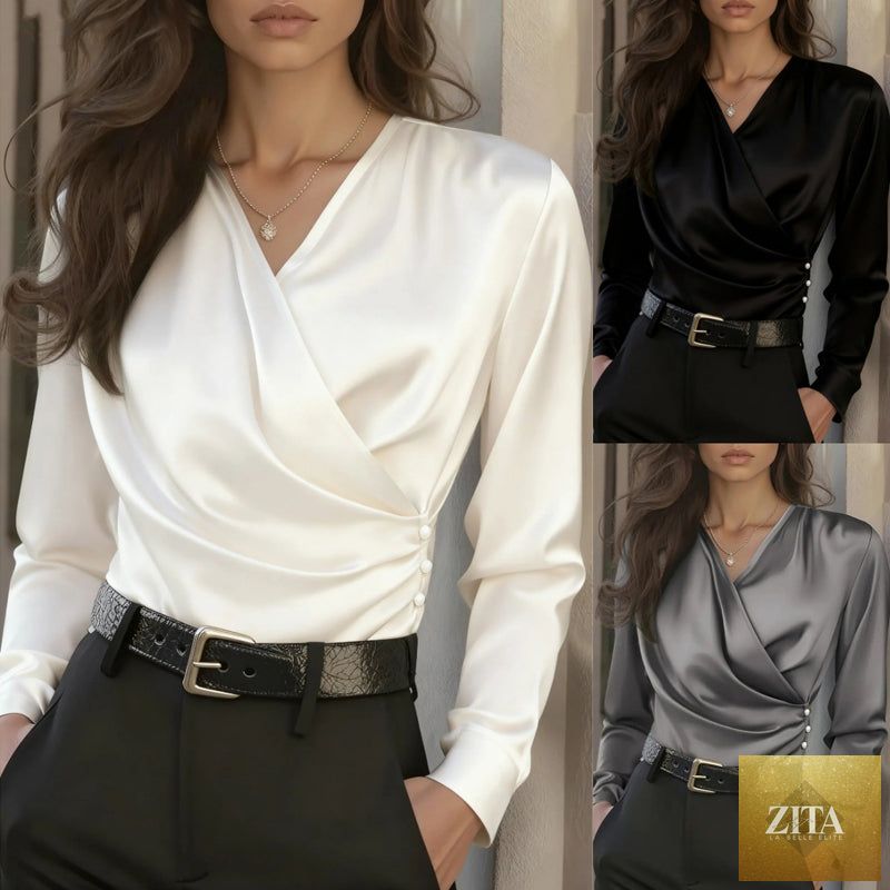 Women's elegant cross V-neck blouse by FitiqueFit featuring ruffle details and button accents, ideal for office casualwear.