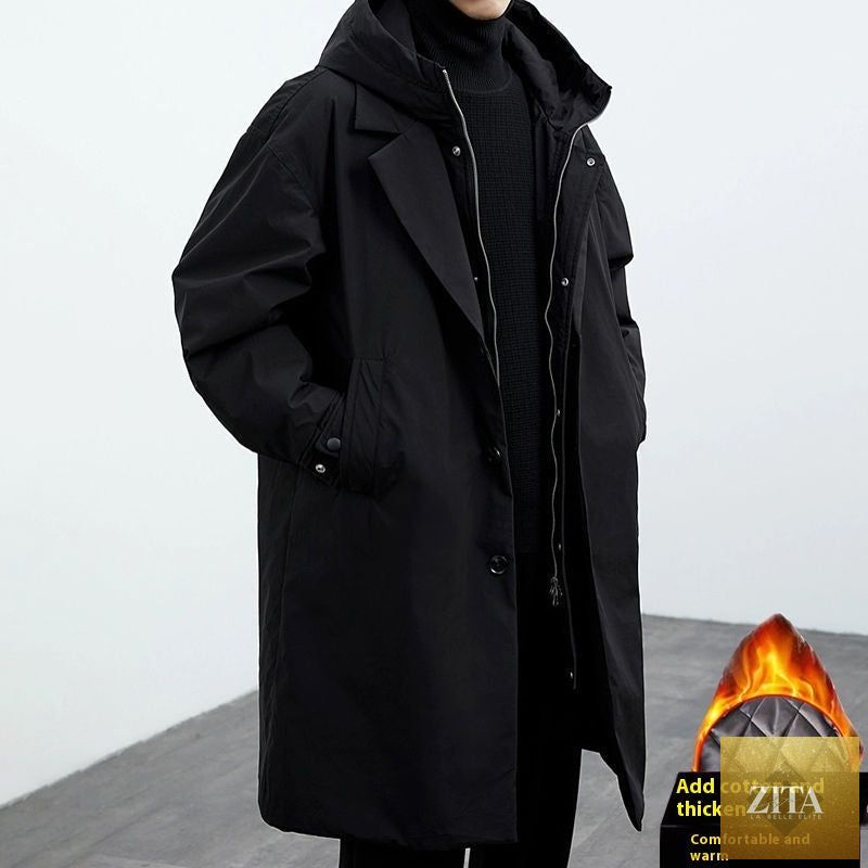 Men's hooded mid-length trench coat from Coat Coat by LadyShow.Store, featuring a false two-piece design and classic style.