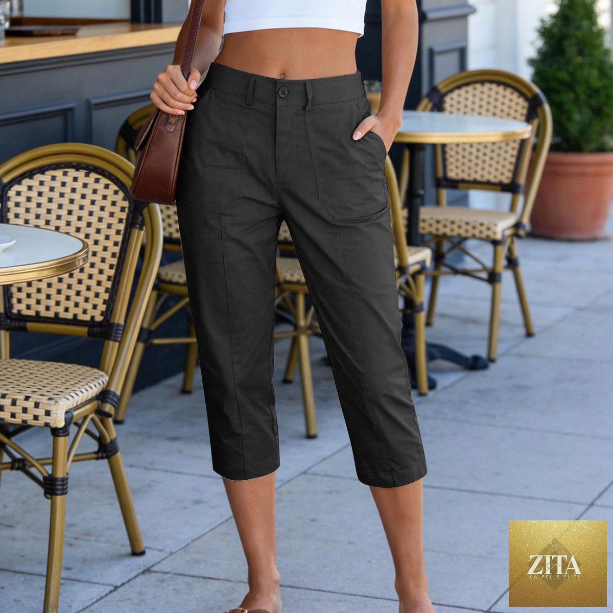 Women's solid color high waist cargo capris with patch pockets, summer casual work cropped pants by Sell My Stuff.