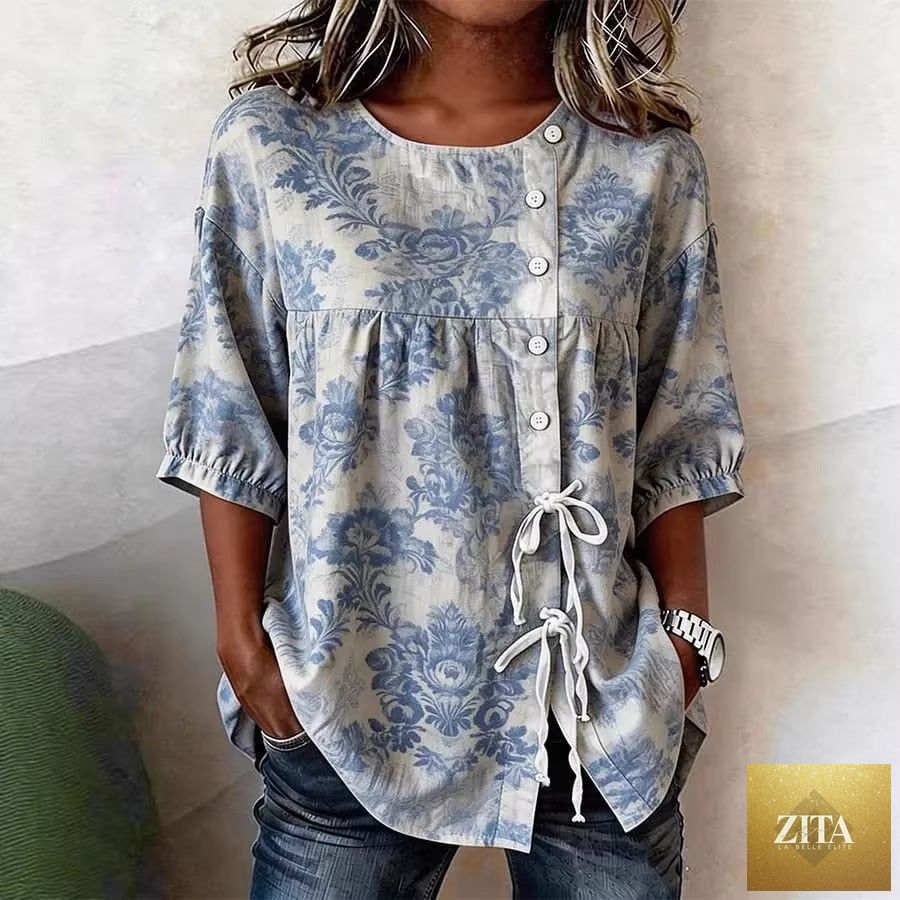 Women's floral 3D print pullover top by FitiqueFit, loose fit casualwear with colorful floral pattern and long sleeves.