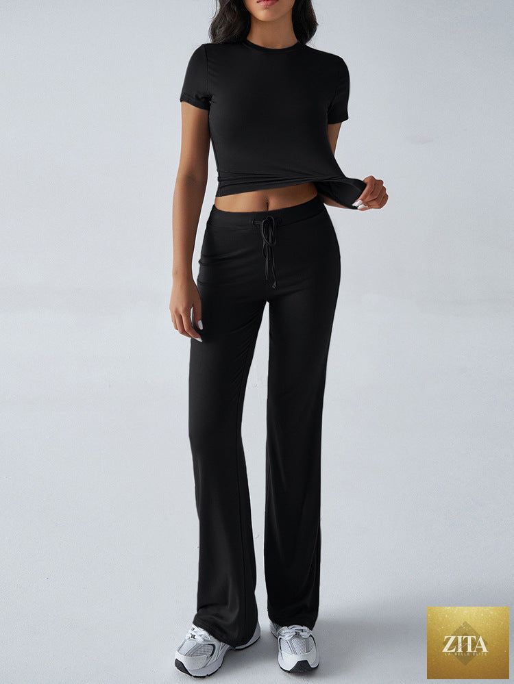 Zita La Belle Elite crew neck short sleeve top and full-length pants set in solid color, displayed in multiple color options.