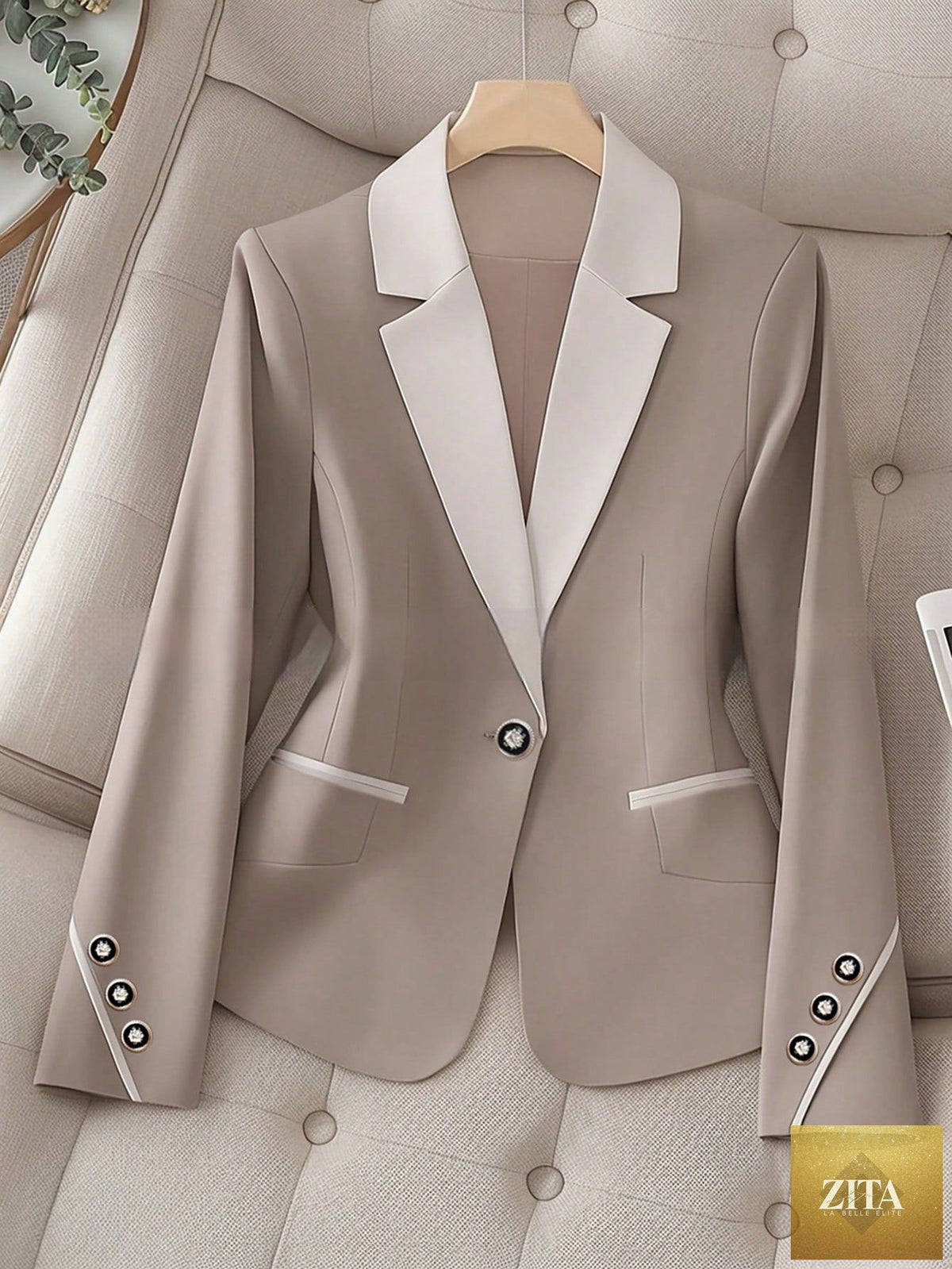 Women’s contrasting color blazer by FitiqueFit featuring elegant button details, formal jacket for professional or stylish wear.