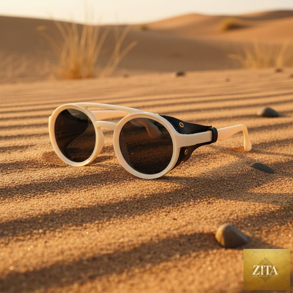 Retro round leather frame sunglasses by FitiqueFit, vintage eyewear with classic leather accents and round lenses.