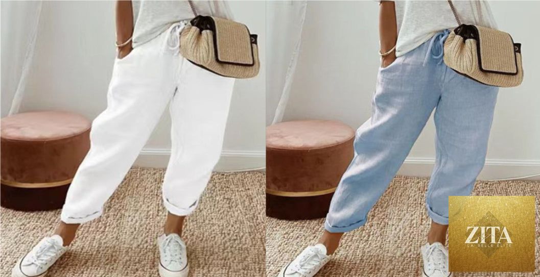 Women’s cotton linen casual pants by FitiqueFit in solid color, featuring a relaxed fit and comfortable waistband.