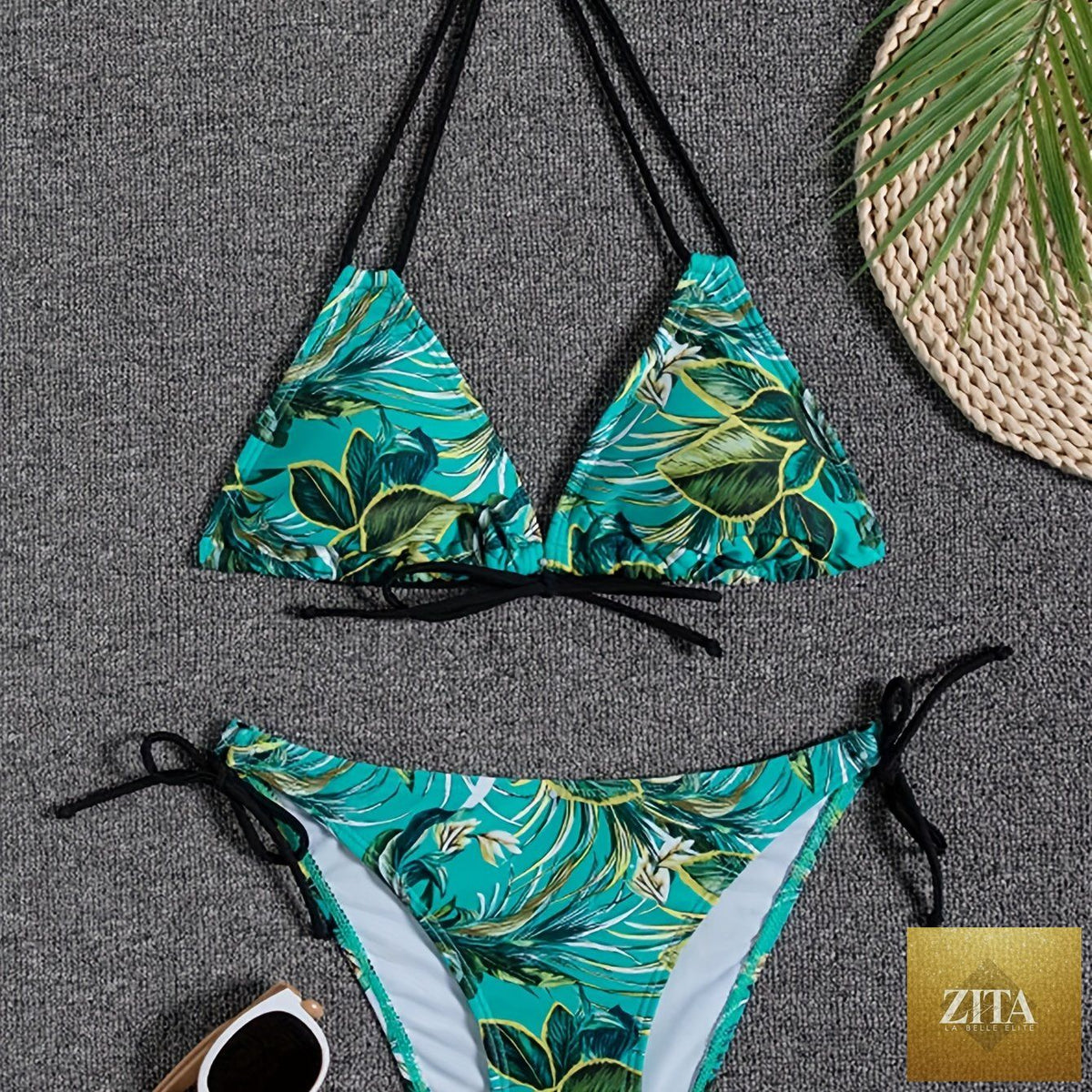 Sunset Bloom 2-piece bikini set for women with vibrant floral print, halter neck, tie-back, and high-cut tie-side bottoms for summer beachwear.