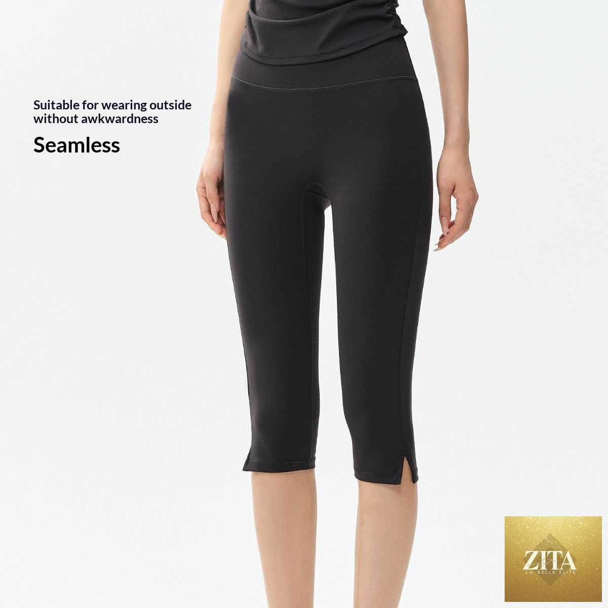 FitiqueFit high-waist slim-fit yoga leggings for women, 7/8 length tight fit fitness pants, black and seamless design