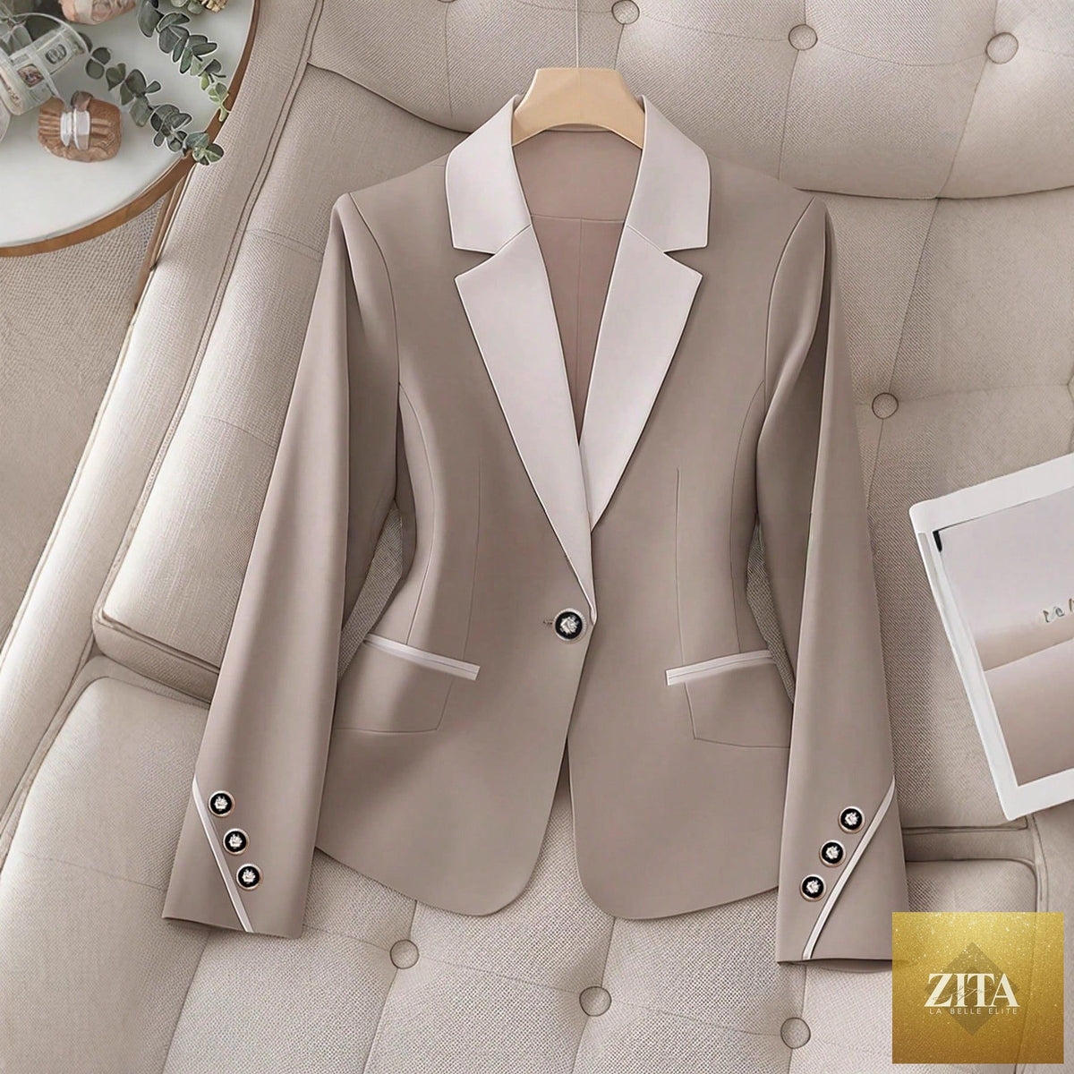 Women’s contrasting color blazer by FitiqueFit, elegant button-up formal jacket with tailored fit and stylish design.