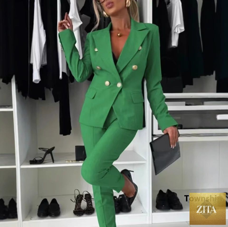 FitiqueFit double-breasted lapel blazer and zip-up trousers two-piece suit, stylish formal wear for women.
