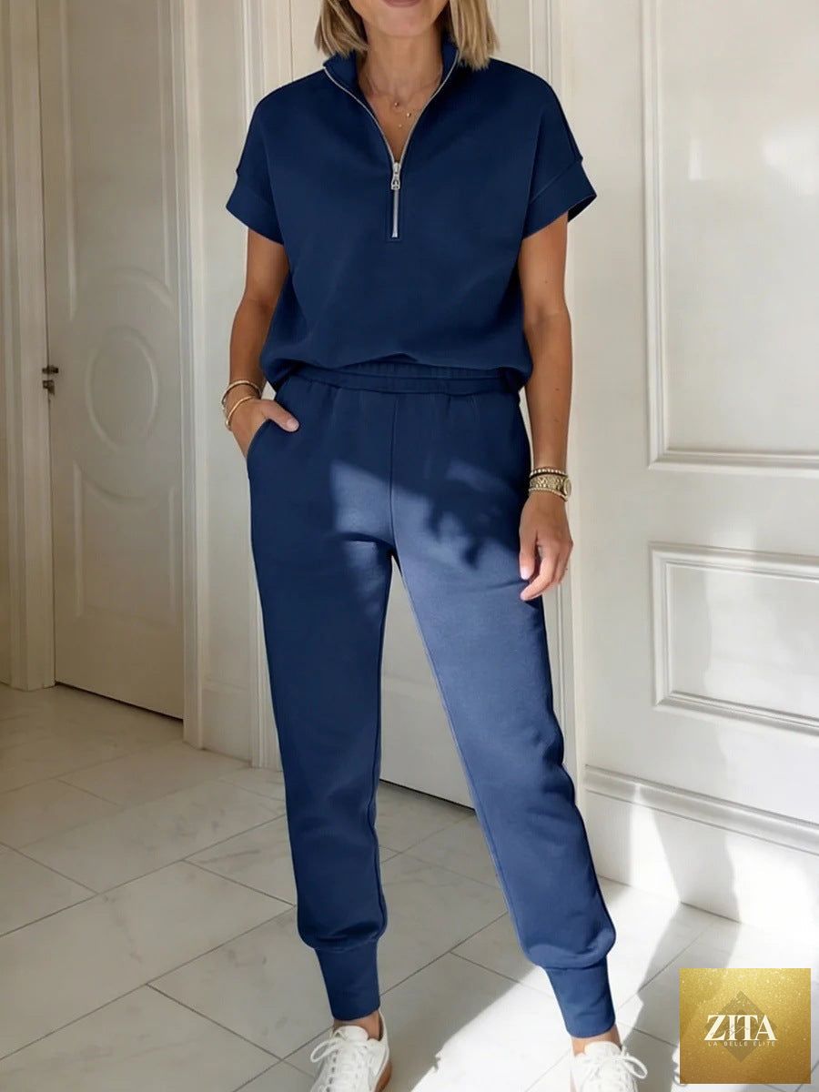 Zita La Belle Elite athleisure knit 3/4 sleeve t-shirt and pants set in three colors, casualwear for S to 3XL sizes.