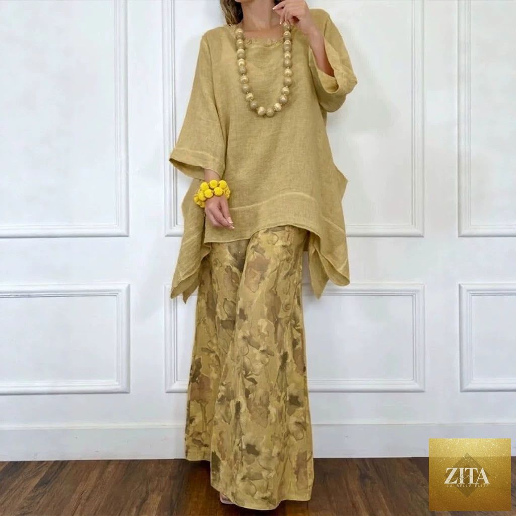 Zita La Belle Elite cotton-linen set featuring an irregular hem drop-shoulder top and wide-leg pants in three colors.