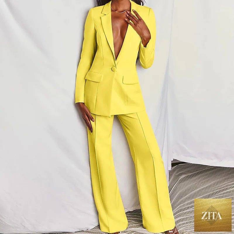 FitiqueFit women's professional blazer and trousers suit set with long sleeves, full-length pants, suitable for office or formal wear.