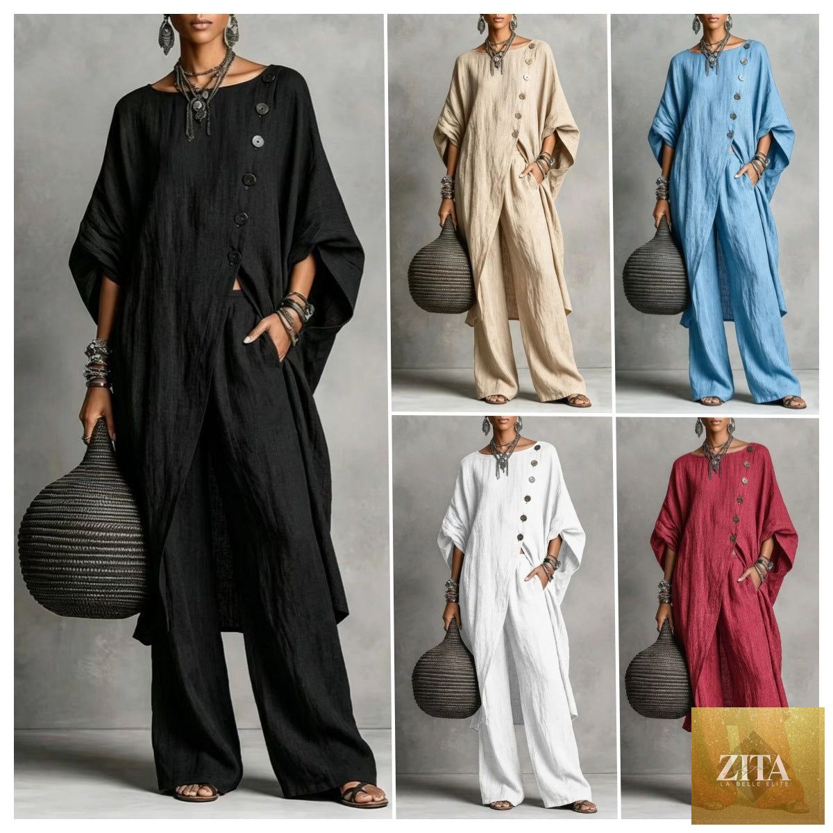 Women's casual Zita La Belle Elite drop shoulder three-quarter sleeve irregular shirt and matching pants set, stylish and comfortable.